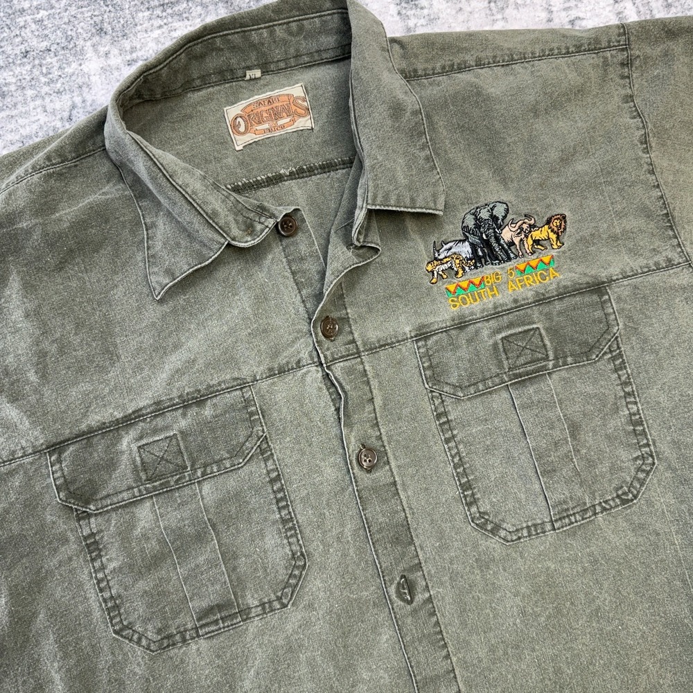 VTG Safari Shirt Mens XL Green Canvas Button Up Big Five Animals Africa Guide